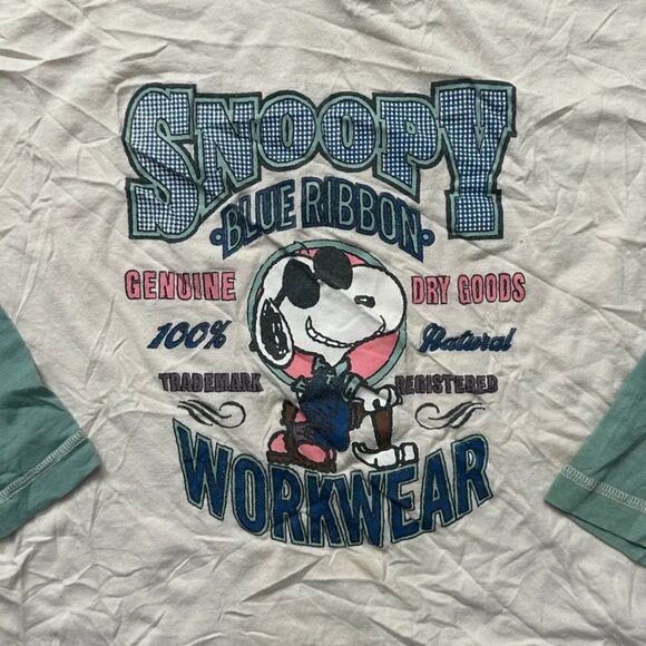 Vintage 70s Snoopy Blue Ribbon Workwear Hooded Long Sleeve Shirt Size Large - Picture 2 of 9